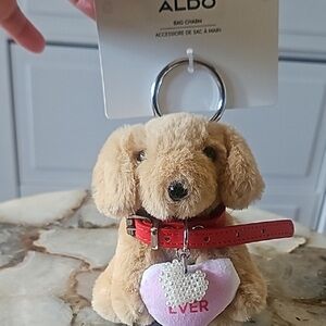 Aldo Tan Plush Dog Keychain with Red Collar and Pink Heart